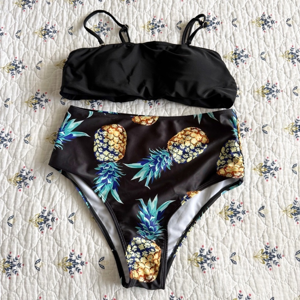 Black Bikini Set High Waisted Bottom Size Medium